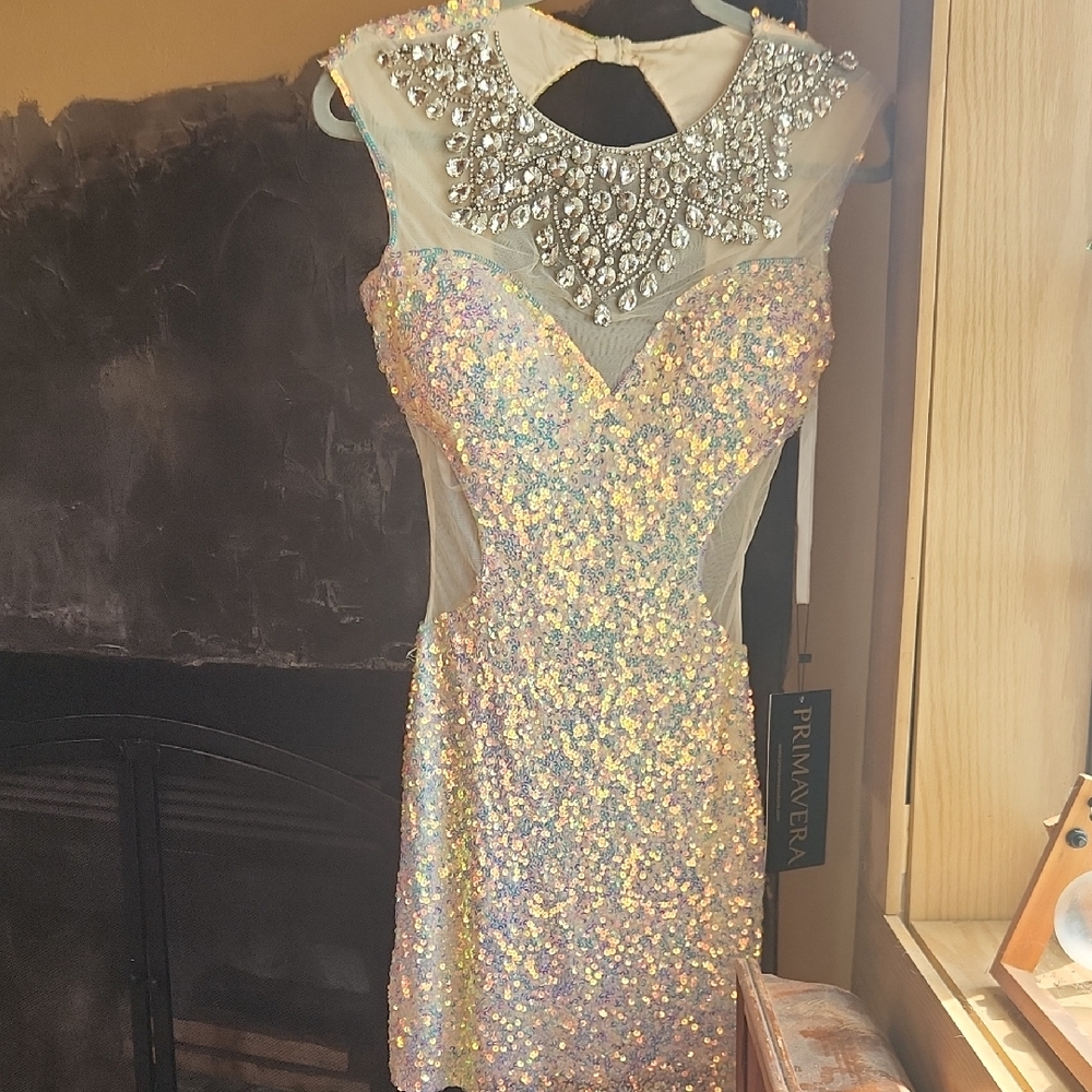 Primavera Backless Sequin Dress - Silver and Cream